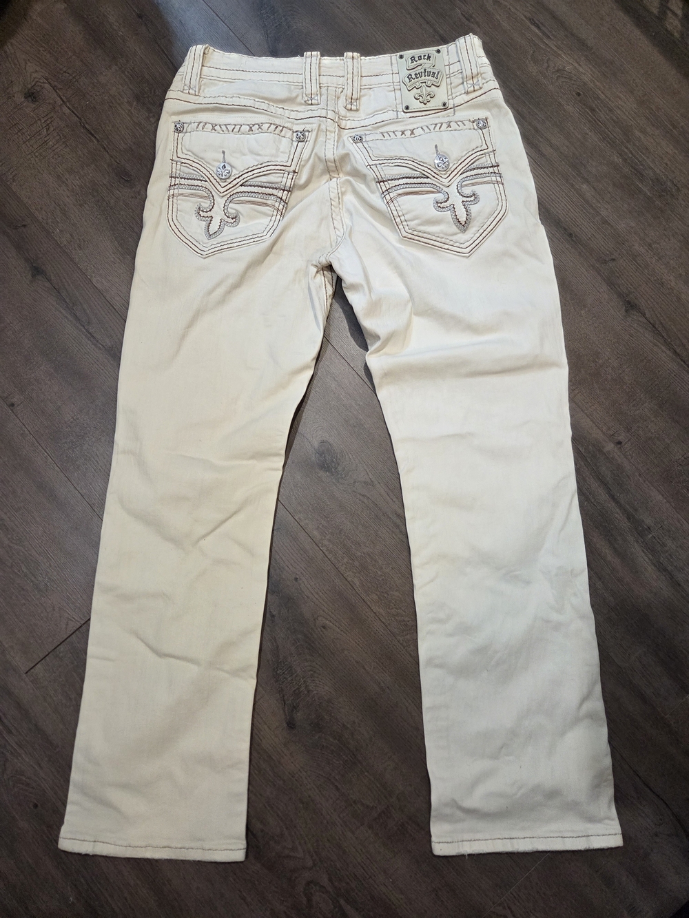 Rock Revival Men's Cream Bootcut Jeans with Embroidered Back Pockets